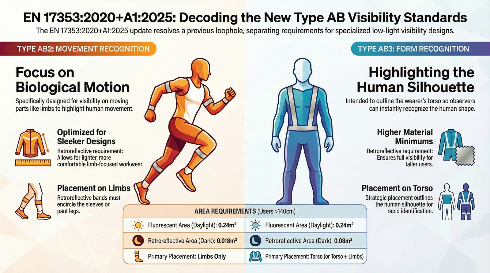 Infographic detailing the EN 17353:2020+A1:2025 update, comparing the separated requirements for Type AB2 and Type AB3 enhanced visibility equipment