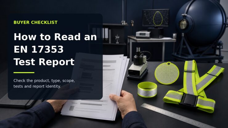 Buyer reviewing an EN 17353 test report beside Type B1, B2 and B3 visibility products