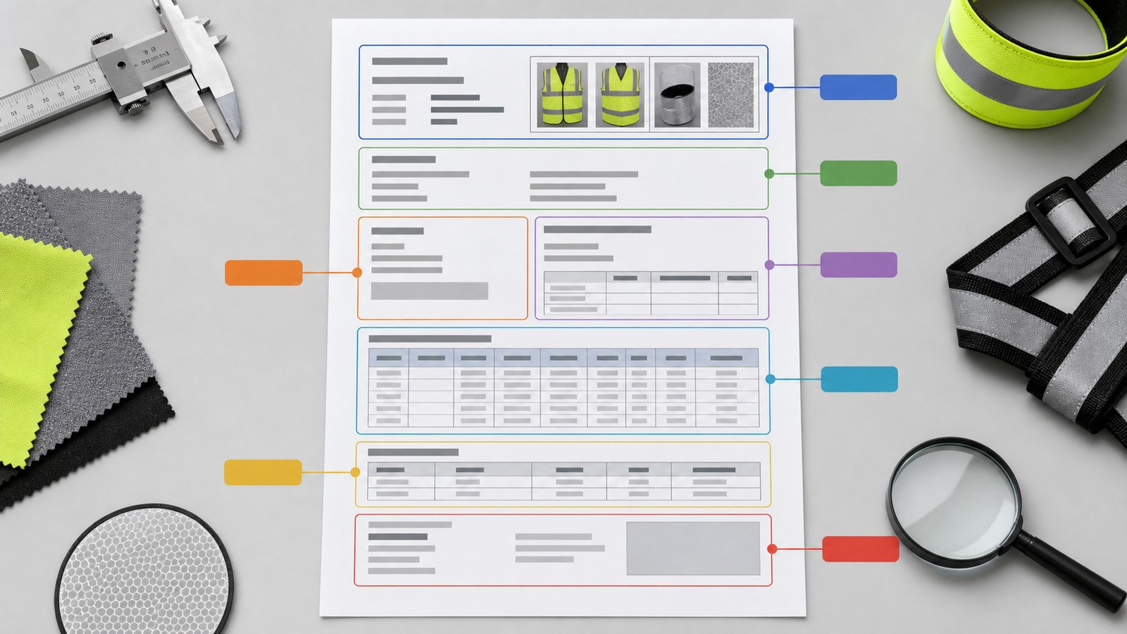 Visual map of the product identity, standard, design, photometric and approval sections in a test report