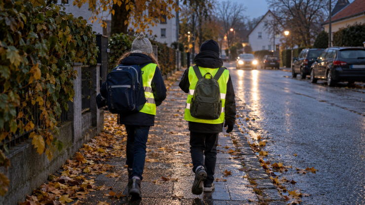 Two children walking to school at dusk wearing fluorescent vests with reflective stripes caught by car headlights