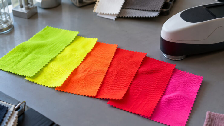 Fluorescent yellow-green, yellow, orange, red and pink fabric swatches beside a colorimeter on a textile lab bench