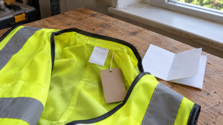Inside of a fluorescent reflective vest with a sewn-in care label, swing tag and instruction leaflet