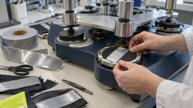 Technician mounting retroreflective tape on a Martindale abrasion tester for EN 17353 durability testing