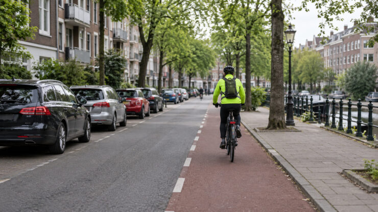 Cyclist in a fluorescent yellow-green jacket riding a city bike lane in daylight, an EN 17353 Type A use case